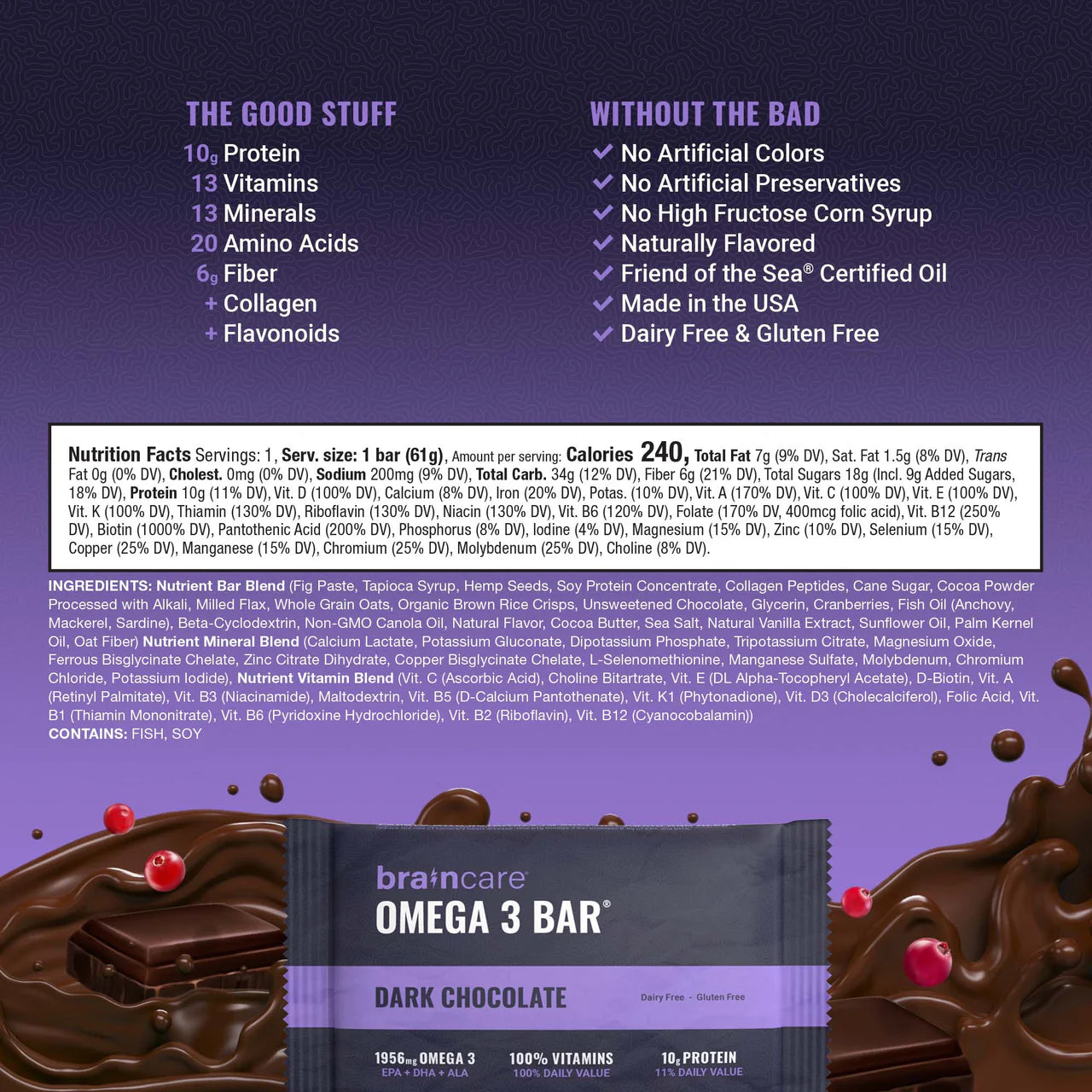 Nutrient Survival Braincare Omega 3 Bar - Dark Chocolate - Box of 8