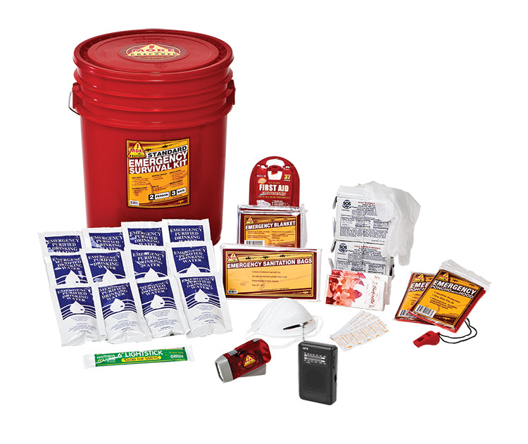 2 Person standard home survival kit in red pail with contents