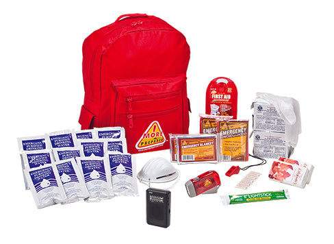 2 Person standard survival kit in red backpack with contents