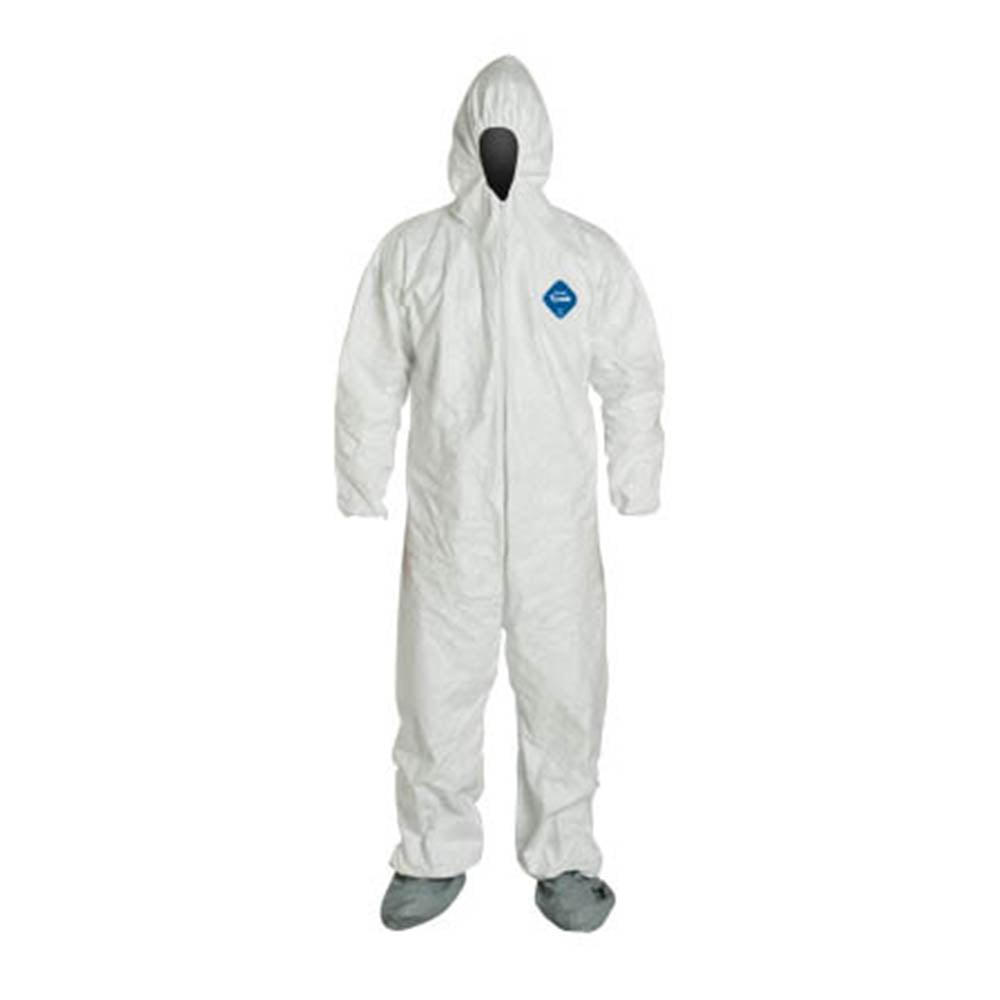 white Dupont Tyvek all in one zippered coverall with hood and gray booties