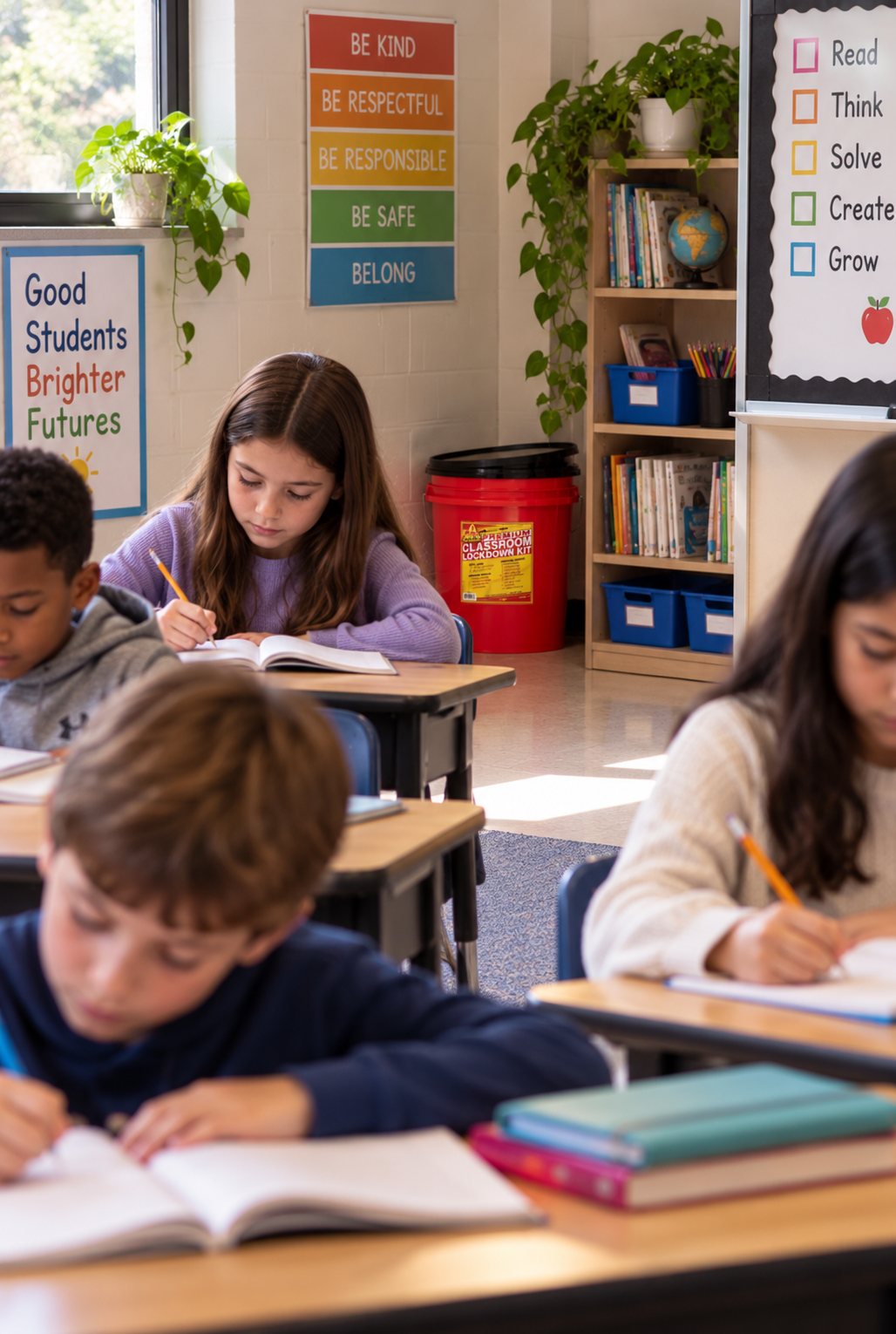 students in a classroom studying with a classroom lockdown kit bucket in the corner in the event of a lockdown