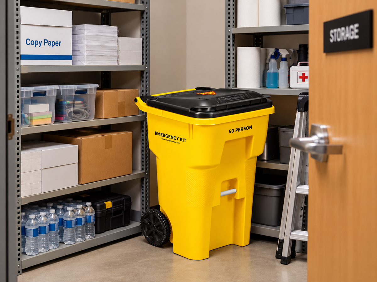 Workplace emergency kit in a rolling bin with food bars, water pouches, first aid and sanitation supplies