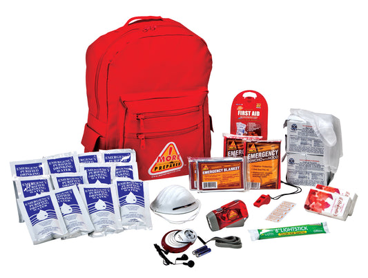 2 Person standard survival kit in red backpack with contents
