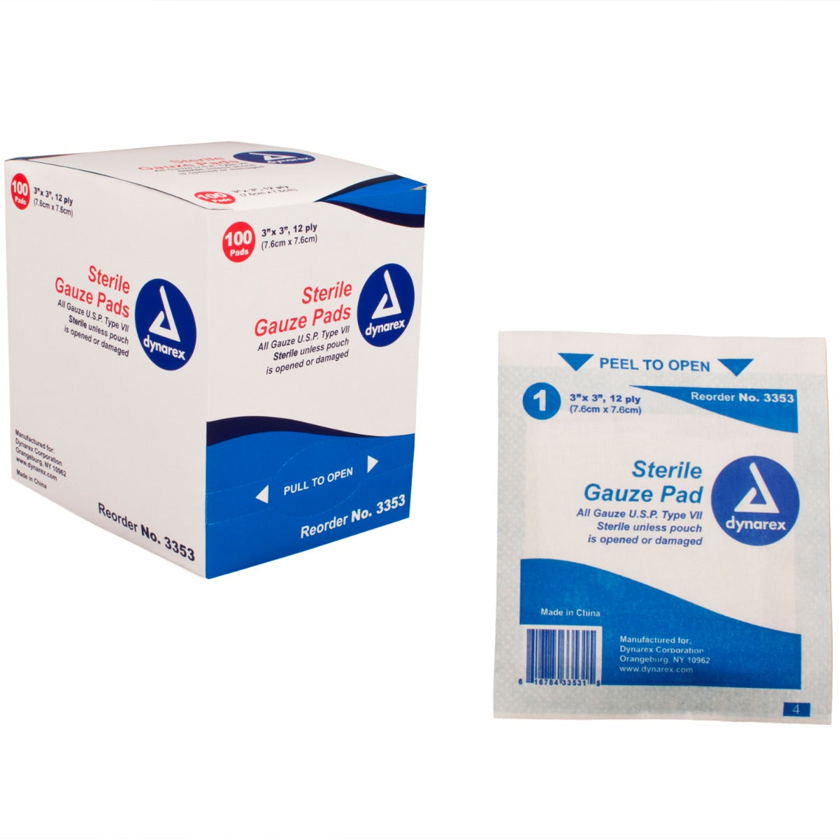 Box of Dynarex 3353 3" sterile gauze pads with loose pad