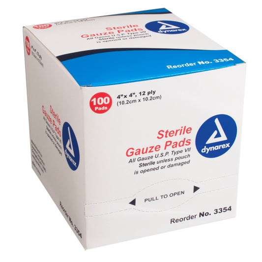 Box of Dynarex 3354 4" sterile gauze pads