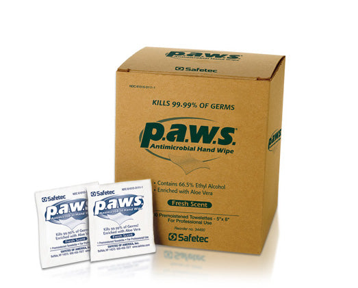 Box of Safetec P.A.W.S. antimicrobial hand wipes with 2 loose wipes