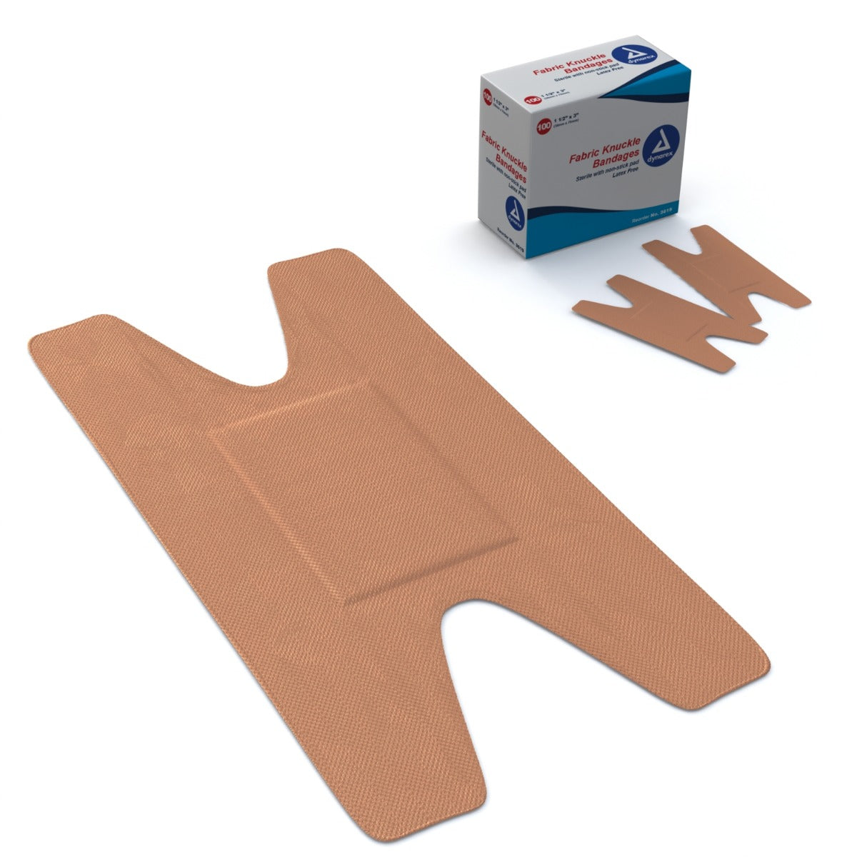 Box of Dynarex 3619 fabric knuckle bandages with 3 loose bandages