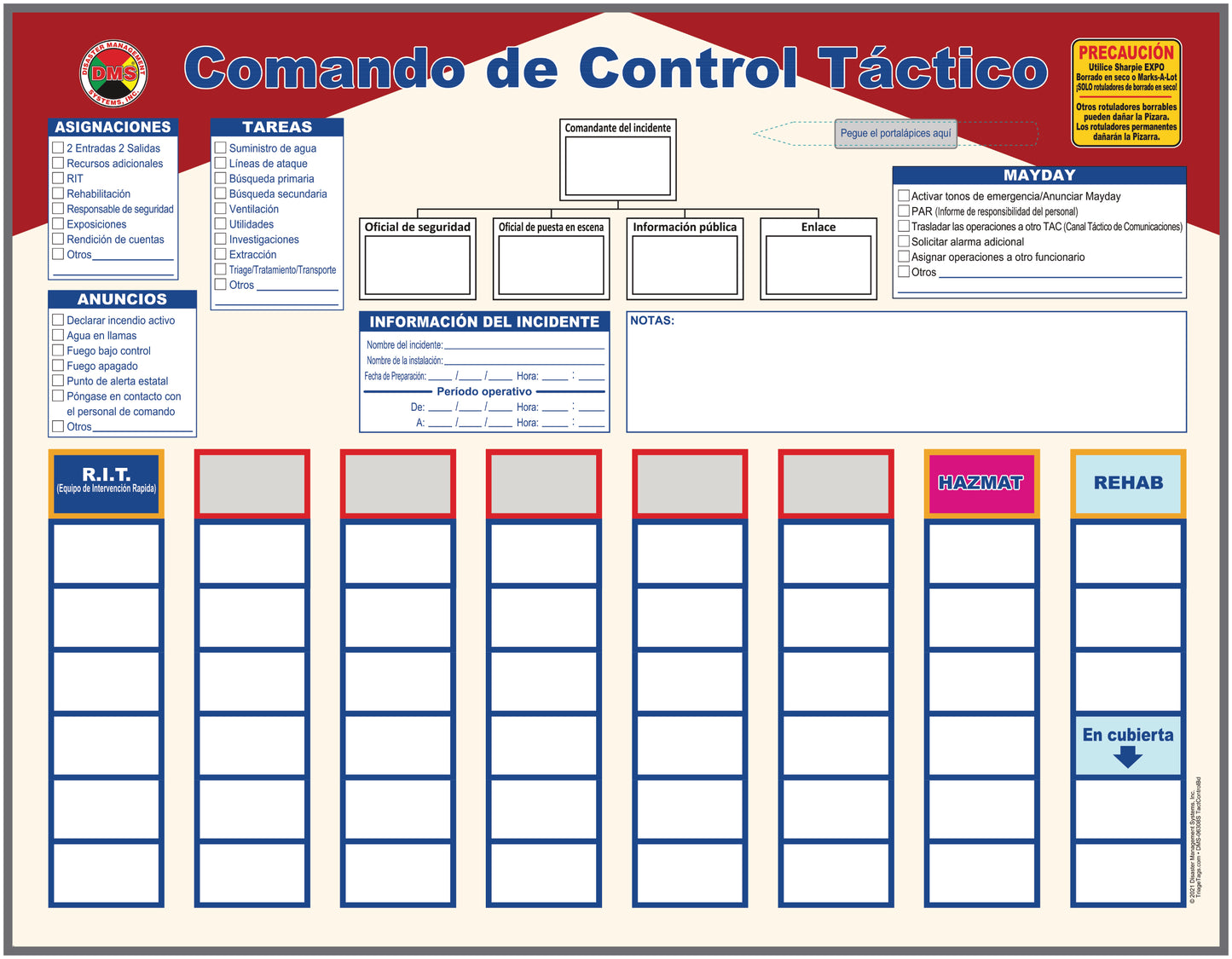 Tactical Control Magnetic Incident Command Board (English or Spanish)