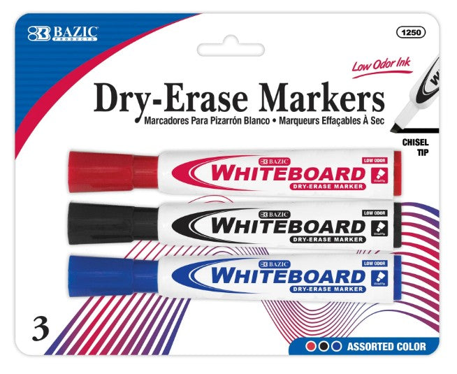 Dry Erase Marker - Chisel Tip 3 Pack Red, Black, Blue