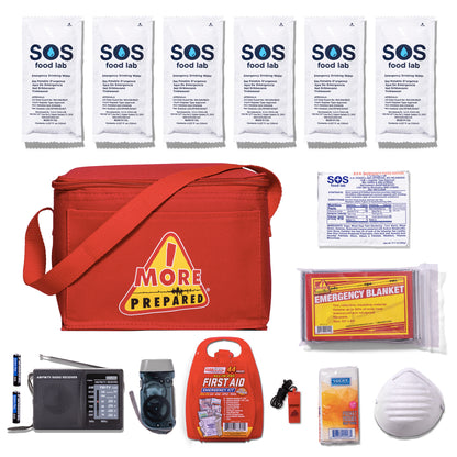 more prepared emergency preparedness kit with a red cooler bag, six white water pouches and food bar labeled SOS food lab, an emergency blanket, a first aid kit, a radio, a whistle, batteries, a red whistle, and other survival supplies on a white background.