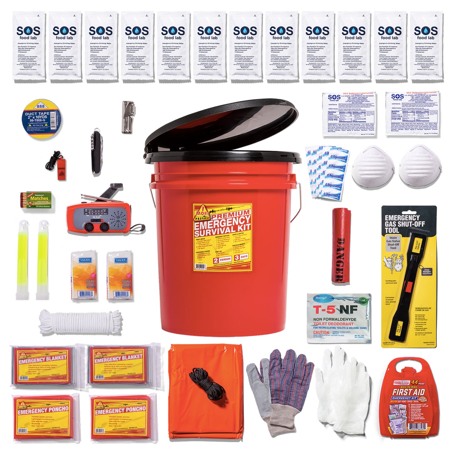 Emergency survival kit bundle with a large red plastic bucket, first aid, water treatment, gloves, tools, and many packaged supplies arranged on a white background.