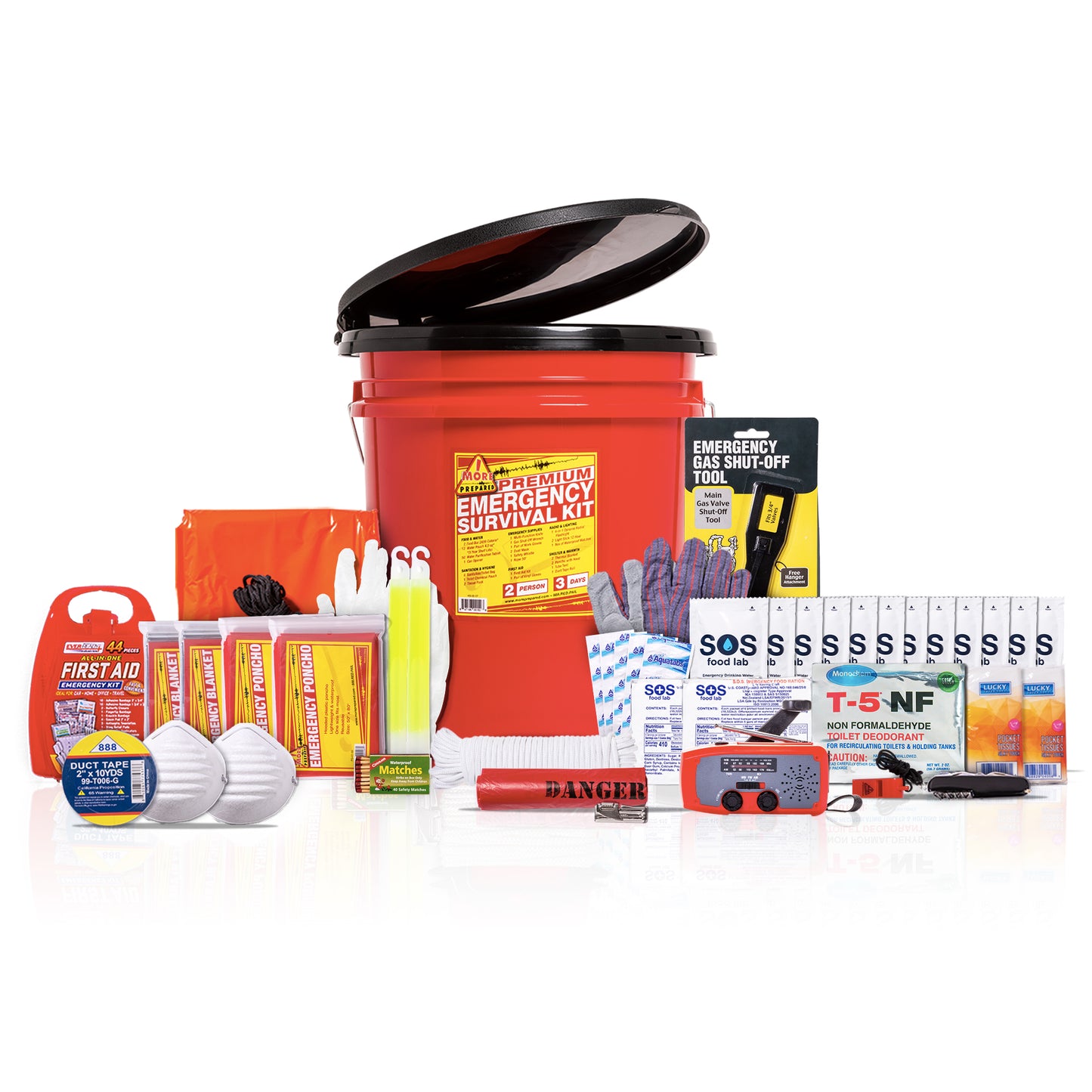 A comprehensive emergency survival kit arranged on a white reflective surface. The central item is a bright red plastic bucket with a black toilet seat lid, labeled 'Premium Emergency Survival Kit'.