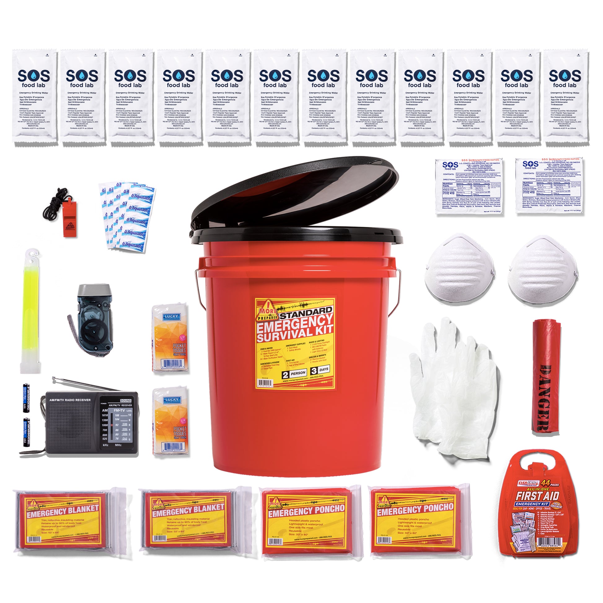 A comprehensive emergency survival kit laid out on a white background, featuring a red bucket with a black lid, white SOS water packets, food bars, a whistle, a flashlight, a radio, first aid items, gloves, masks, and other survival gear.