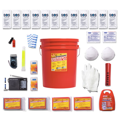 A comprehensive emergency survival kit laid out on a white background, featuring a large red bucket labeled 'STANDARD EMERGENCY SURVIVAL KIT,' multiple white SOS water pouches, food bars, white face masks, white work gloves, a black radio, first aid kit, and other survival gear.