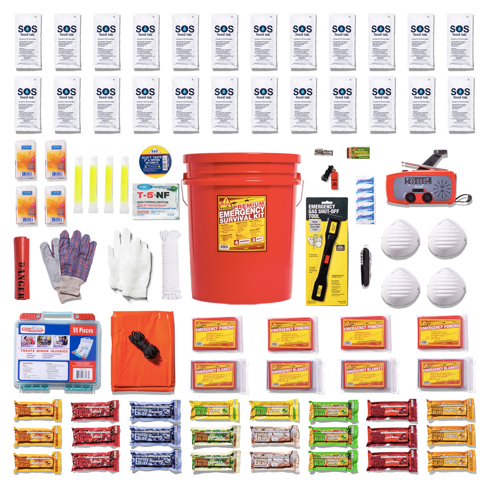 A comprehensive emergency preparedness and survival kit laid out in a grid on a white background, featuring an orange-red bucket, instant energy drinks, snacks, gloves, masks, a whistle, a flashlight, and various other survival and first aid items.