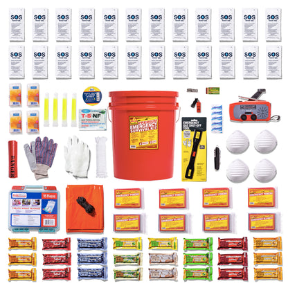 A comprehensive emergency preparedness and survival kit laid out in a grid on a white background, featuring an orange-red bucket, instant energy drinks, snacks, gloves, masks, a whistle, a flashlight, and various other survival and first aid items.
