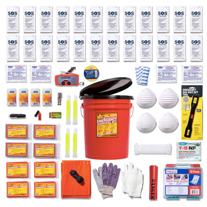 A comprehensive emergency survival kit laid out in a grid pattern around a central red plastic bucket with a black lid. The kit includes numerous white packets, a red emergency radio, white and gray gloves, a roll of white rope, a yellow T-5 NF flashlight, a black multi-tool, and other survival gear on a solid white background.