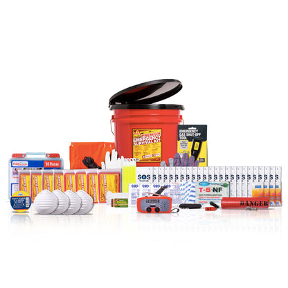 A survival emergency kit bundle arranged on a white background, including a red bucket with a black lid, orange emergency blankets, white gloves, face masks, batteries, a whistle, a signal mirror, and various packaged survival supplies.