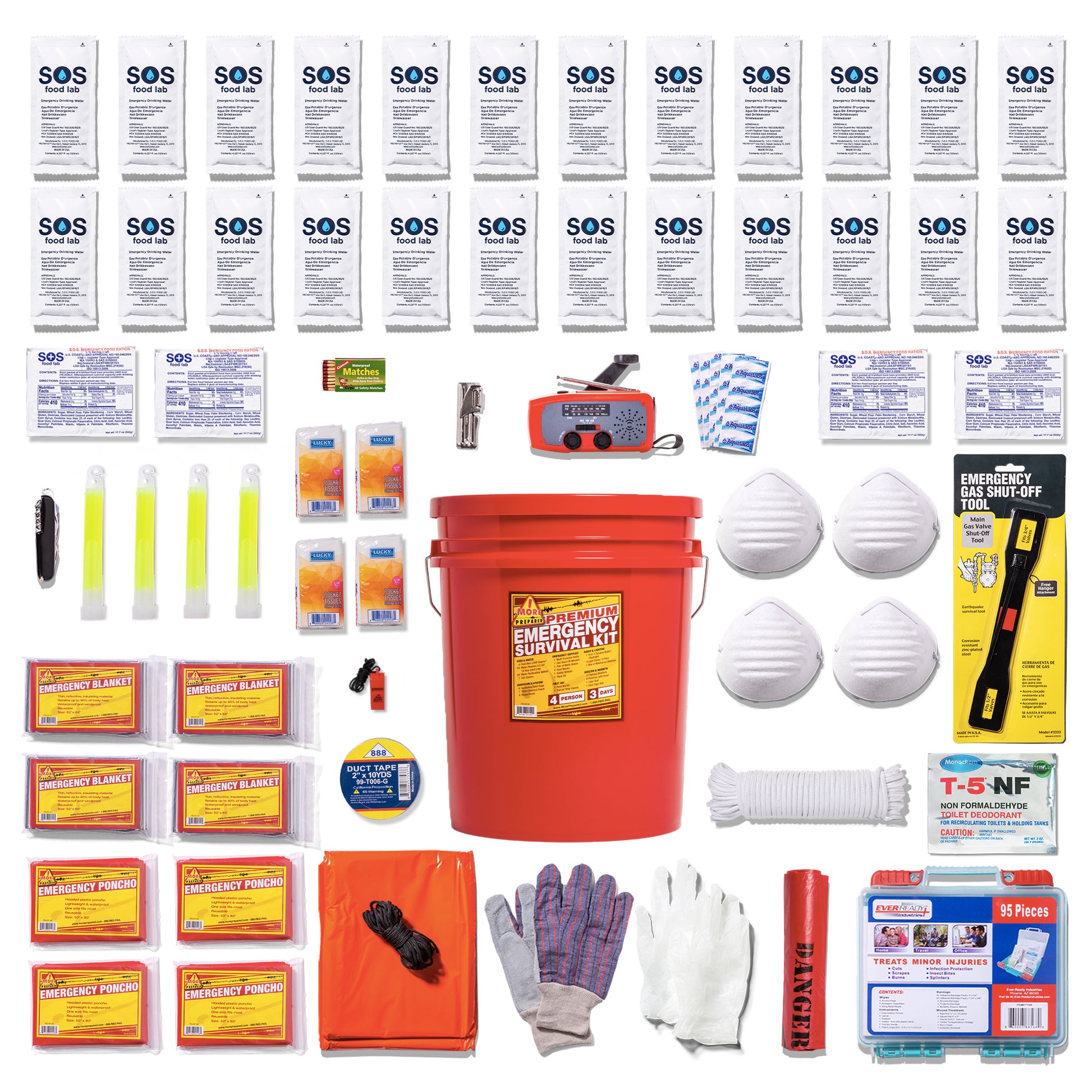 A comprehensive more prepared emergency survival kit laid out on a white background, featuring a large red bucket, white face masks, gloves, flares, batteries, first aid items, and various other survival gear.