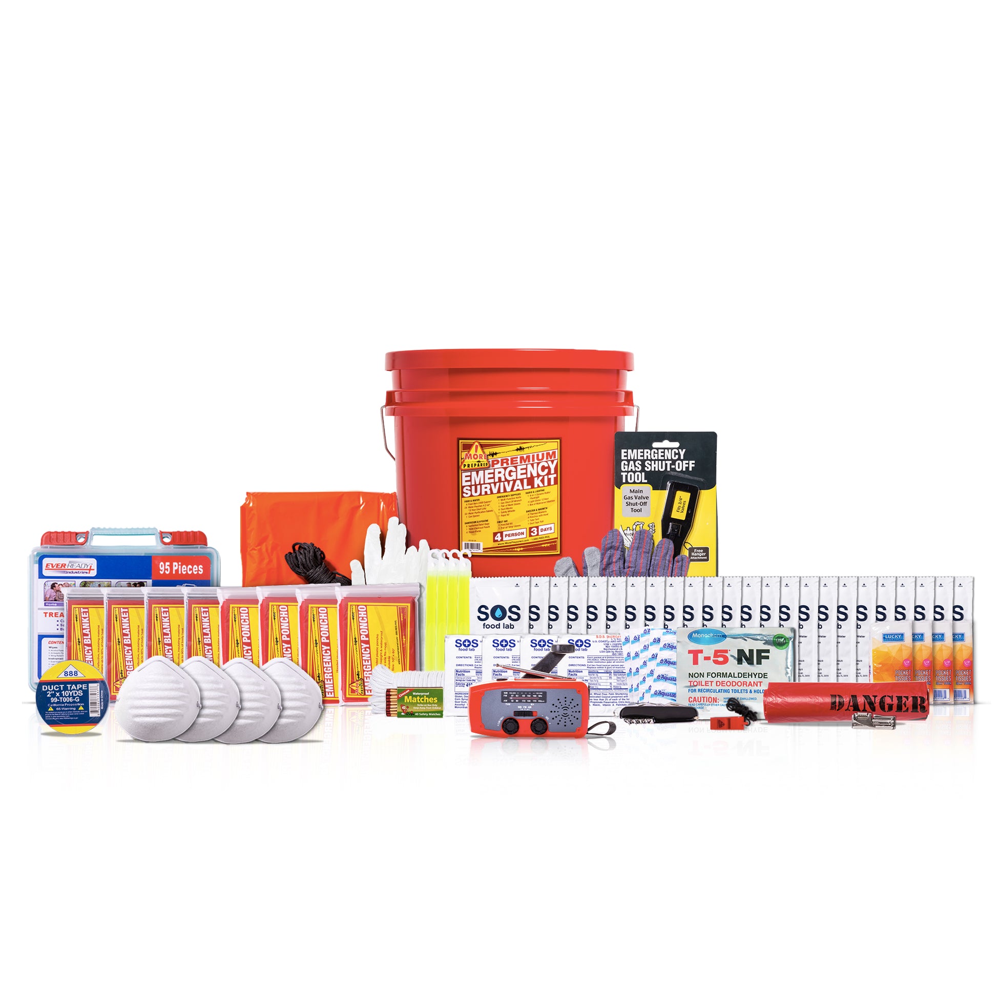 Emergency survival kit bundle containing a red bucket, food, water, gloves, batteries, whistles, masks, and other survival gear on a white background.