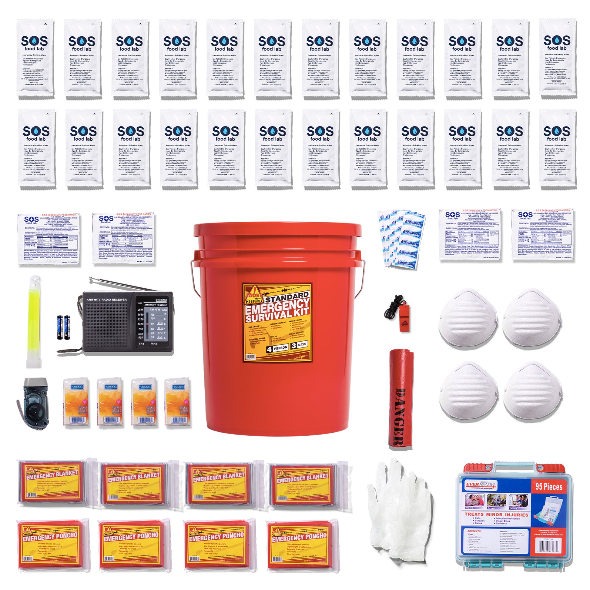 A comprehensive emergency survival kit laid out on a white background, featuring a large red bucket, multiple packs of SOS water pouches, white face masks, a black radio, batteries, a whistle, gloves, and other survival gear.