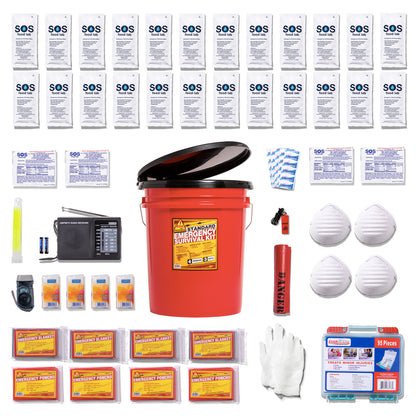 Emergency survival kit bundle containing a red plastic bucket with a black lid, white face masks, a red fire extinguisher, a black radio, batteries, first aid packets, SOS water pouches, gloves, and other survival supplies arranged on a white background.