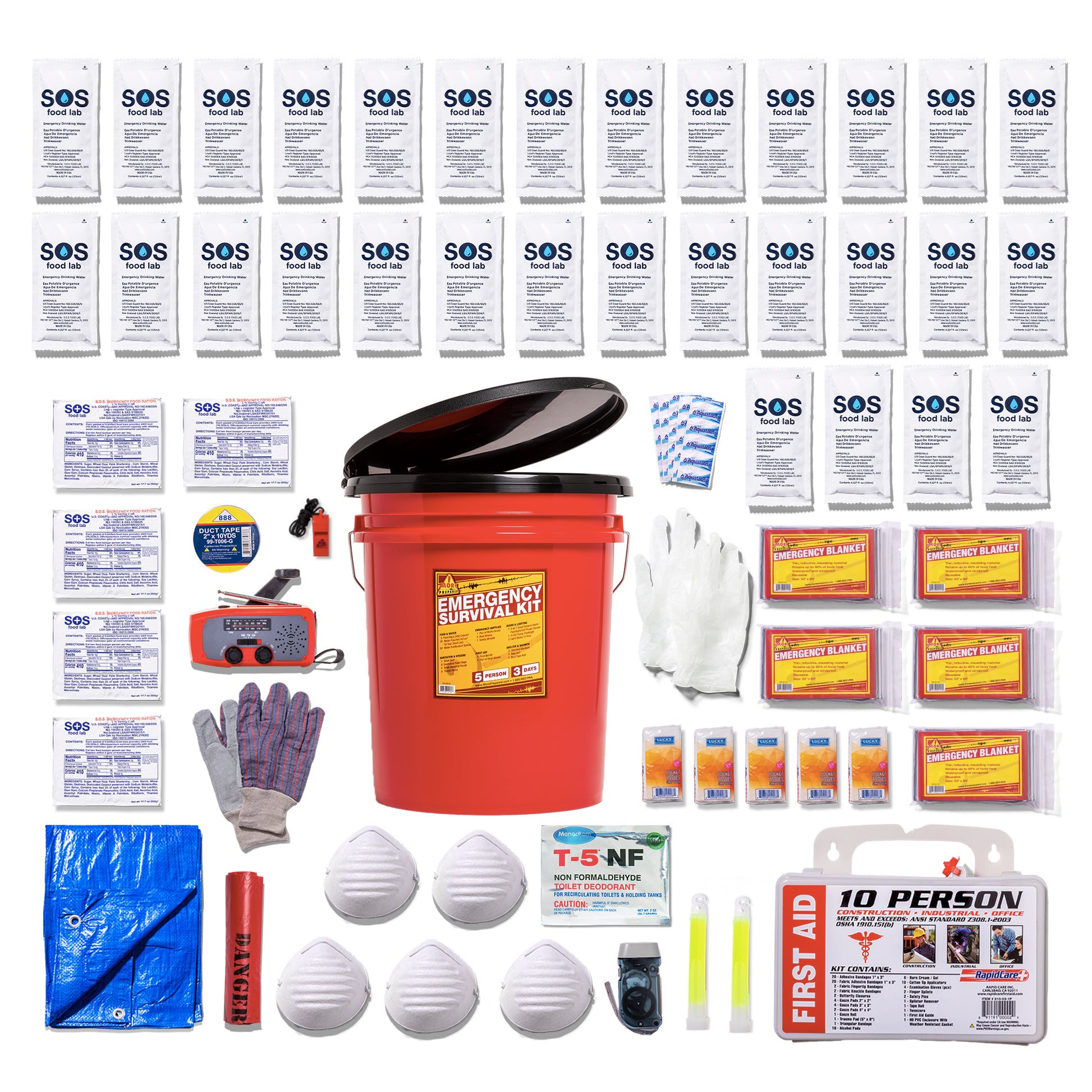A comprehensive emergency survival kit arranged on a white background, featuring a red bucket with a black lid, multiple white SOS water pouches, gloves, face masks, a blue tarp, a first aid kit, and other survival supplies.