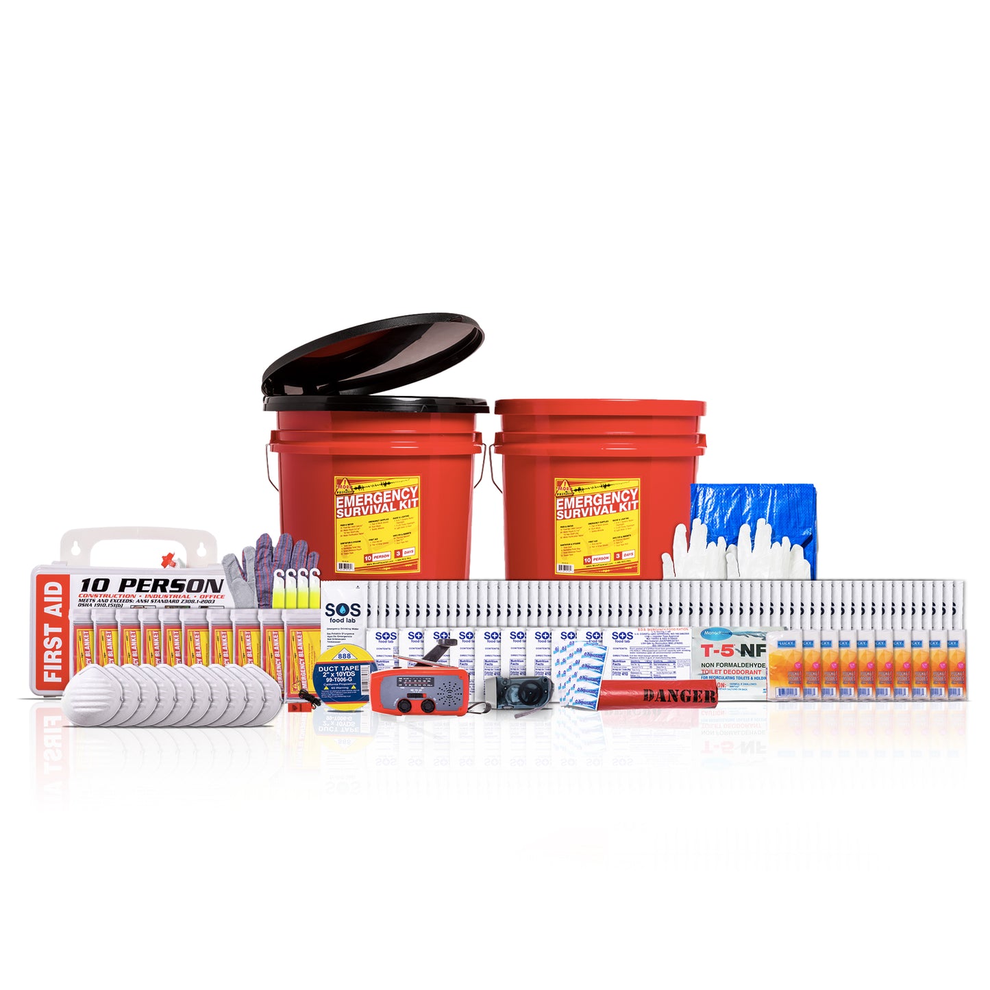 A comprehensive emergency preparedness and first aid kit bundle displayed on a clean white background. The kit includes two red buckets, a first aid kit, a 10-person water filter kit, bottled water, gloves, syringes, medical tape, a thermometer, and various other survival and first aid supplies.