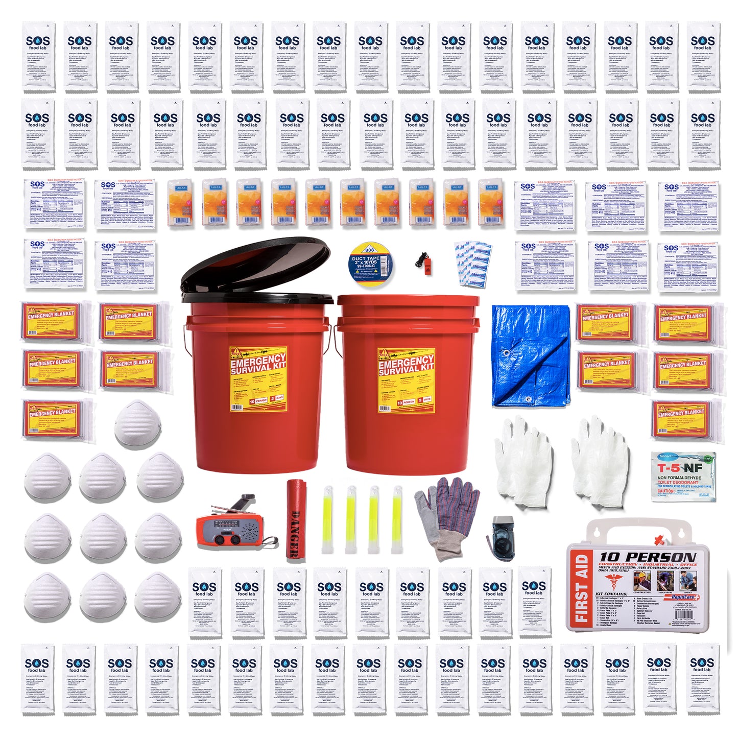 A comprehensive 10-person more prepared emergency preparedness kit laid out in a grid on a white background. The kit includes two red plastic buckets with black toilet lid, white N95 masks, gloves (white and purple), a red emergency radio, yellow glow sticks, a blue tarp, multiple packets of medical supplies, and many water pouches