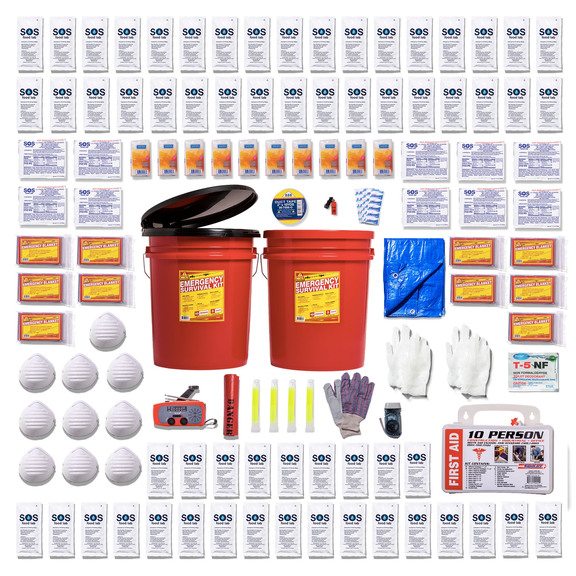 A comprehensive 10-person more prepared emergency preparedness kit laid out in a grid on a white background. The kit includes two red plastic buckets with black toilet lid, white N95 masks, gloves (white and purple), a red emergency radio, yellow glow sticks, a blue tarp, multiple packets of medical supplies, and many water pouches