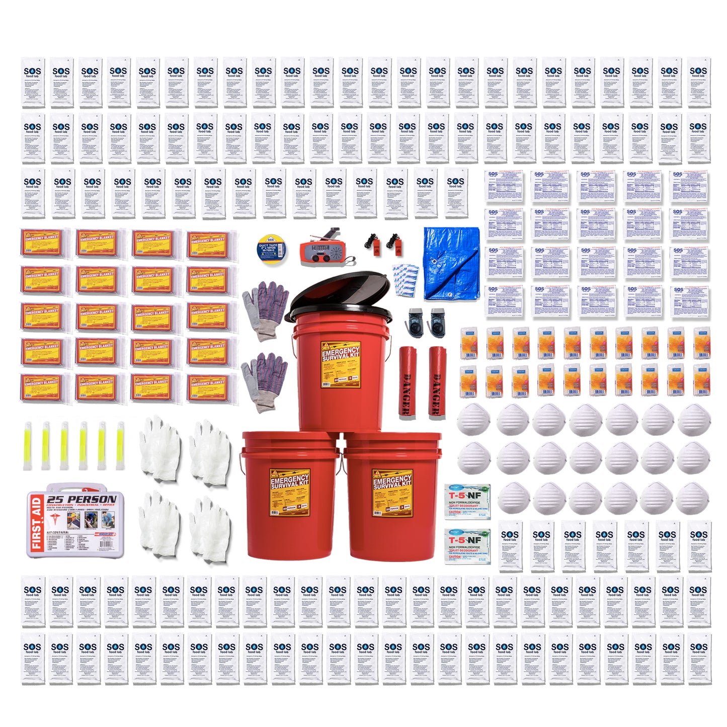 A comprehensive emergency preparedness and survival kit laid out in a grid on a white background, featuring red plastic buckets, white and gray gloves, face masks, personal flares, a whistle, a flashlight, a first aid kit, and numerous small printed instruction sheets and packets.
