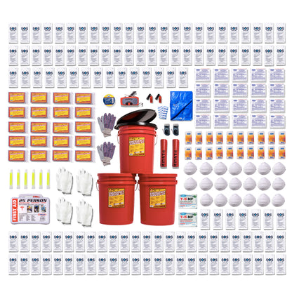 A comprehensive emergency preparedness and survival kit laid out in a grid on a white background, featuring red plastic buckets, white and gray gloves, face masks, personal flares, a whistle, a flashlight, a first aid kit, and numerous small printed instruction sheets and packets.
