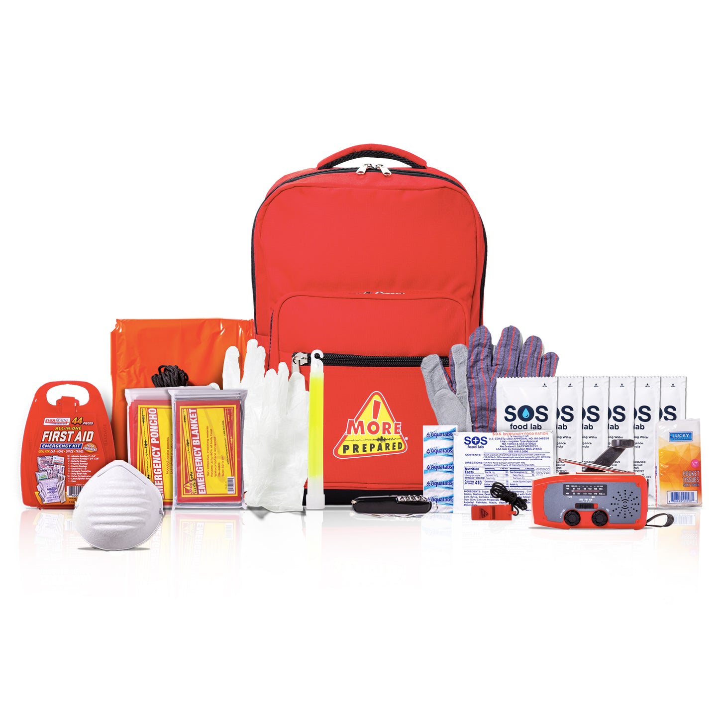 A red emergency preparedness backpack shown with multiple included items arranged in front on a white studio background, including a face mask, first aid kit, gloves, flashlights, bottled water, and other survival/first-aid supplies.