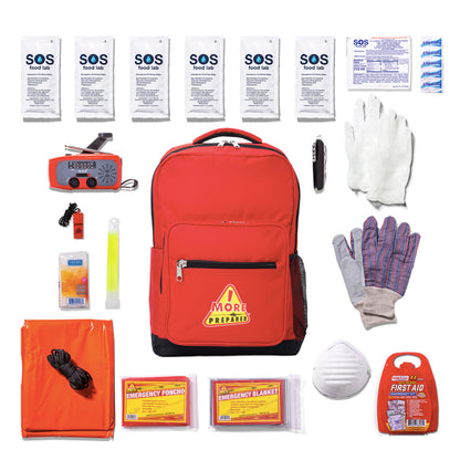 A red emergency preparedness backpack laid flat on a white background, surrounded by matching survival and first aid supplies including SOS packets, gloves, a whistle, emergency blanket, face mask, and a first aid kit.