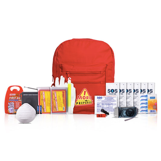 A red emergency preparedness backpack shown with multiple survival and first-aid supplies arranged in front on a white background, including a first aid kit, mask, water filter, batteries, bottled water, and SOS packets.