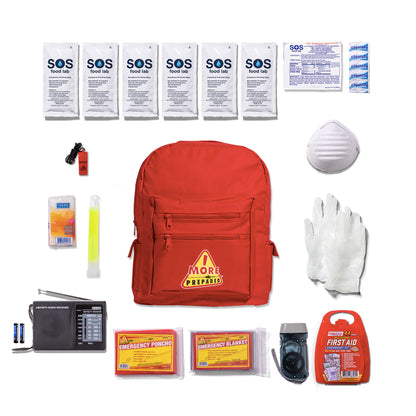 A comprehensive emergency preparedness and survival kit laid out on a white background, featuring a red backpack with a 'More Prepared' logo, first aid supplies, a whistle, a whistle light, an emergency radio, a whistle battery pack, a plastic mask, gloves, and other survival items.