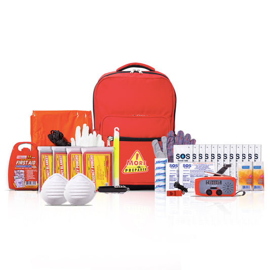 A red emergency preparedness backpack kit displayed on a white background, filled with various safety and first aid supplies including a first aid bag, masks, gloves, and a red emergency radio.