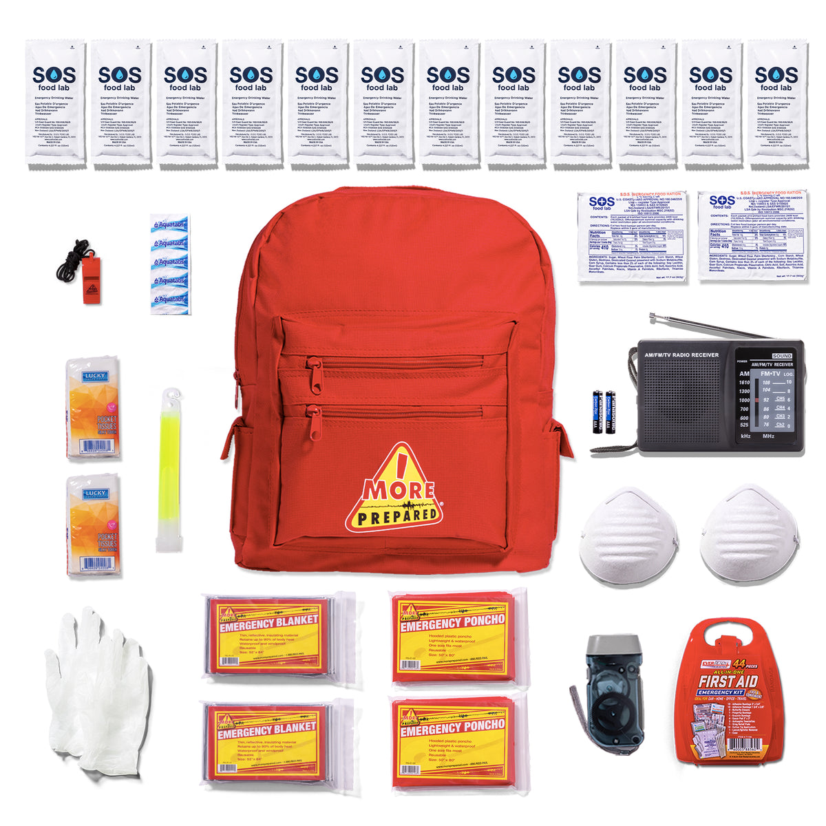 A comprehensive emergency preparedness backpack kit laid out on a white background, featuring a red backpack with a 'More Prepared' logo, SOS packets, a first aid kit, an emergency blanket, a whistle, a whistle battery, a radio, a glove, and other survival gear.