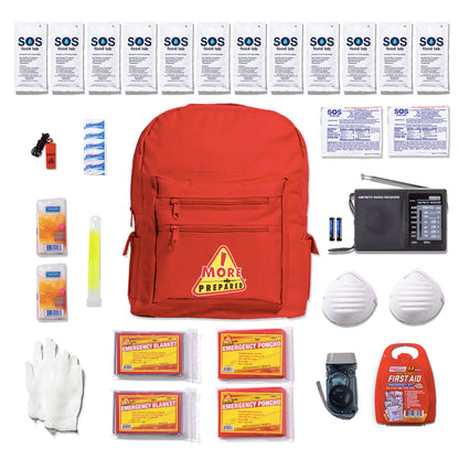 A comprehensive emergency preparedness backpack kit laid out on a white background, featuring a red backpack with a 'More Prepared' logo, SOS packets, a first aid kit, an emergency blanket, a whistle, a whistle battery, a radio, a glove, and other survival gear.