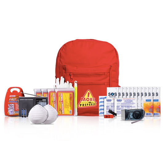 A red preparedness backpack displayed with various emergency and safety supplies in front of it on a white background. The supplies include a red First Aid kit, a black personal alarm, two white face masks, bottles of water and cleaning solution, a yellow pencil, and multiple boxes of SSSS toothpaste.