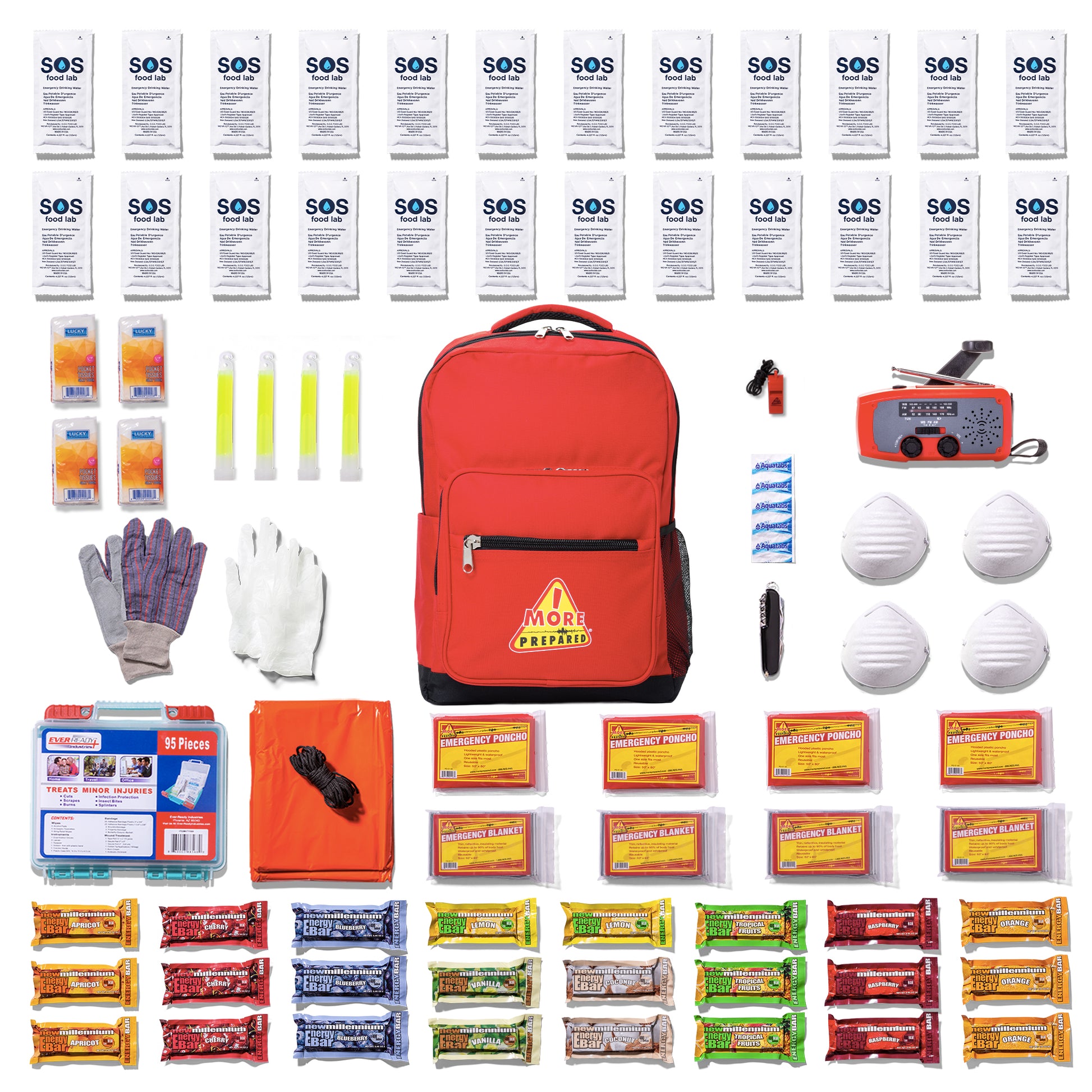 A comprehensive emergency preparedness and survival kit laid out in a grid pattern around a central red backpack. The kit includes numerous first aid packets, face masks, gloves, a whistle, a signal mirror, a flashlight, bottled water, energy bars, and other survival supplies on a clean white background.