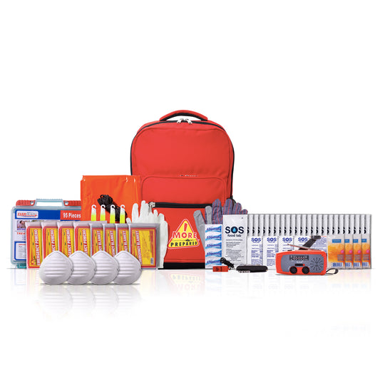 A red emergency backpack kit displayed on a white background with various survival and safety items arranged in front, including face masks, a whistle, a signal mirror, batteries, and first aid supplies.