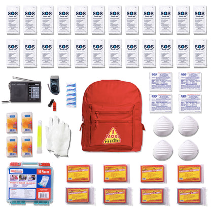 A comprehensive emergency preparedness and safety kit laid out on a white background, featuring a central red backpack with a yellow logo, surrounded by various survival, first aid, and safety items including bottled water, face masks, gloves, a radio, and instructional packets.