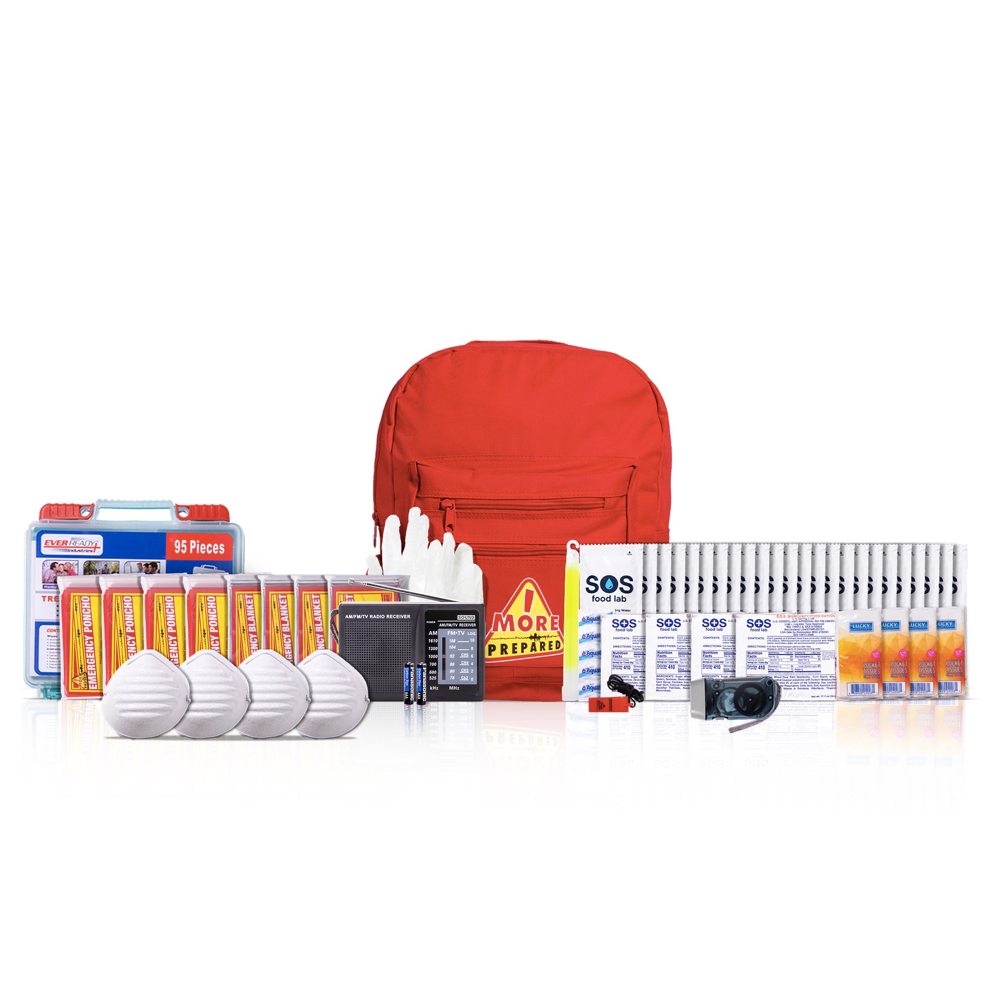 A comprehensive emergency preparedness kit displayed on a clean white background. The kit includes a red backpack, a blue first aid kit, multiple boxes of batteries, white face masks, a digital thermometer, a portable battery charger, and various other survival and safety supplies arranged neatly in front of the backpack.