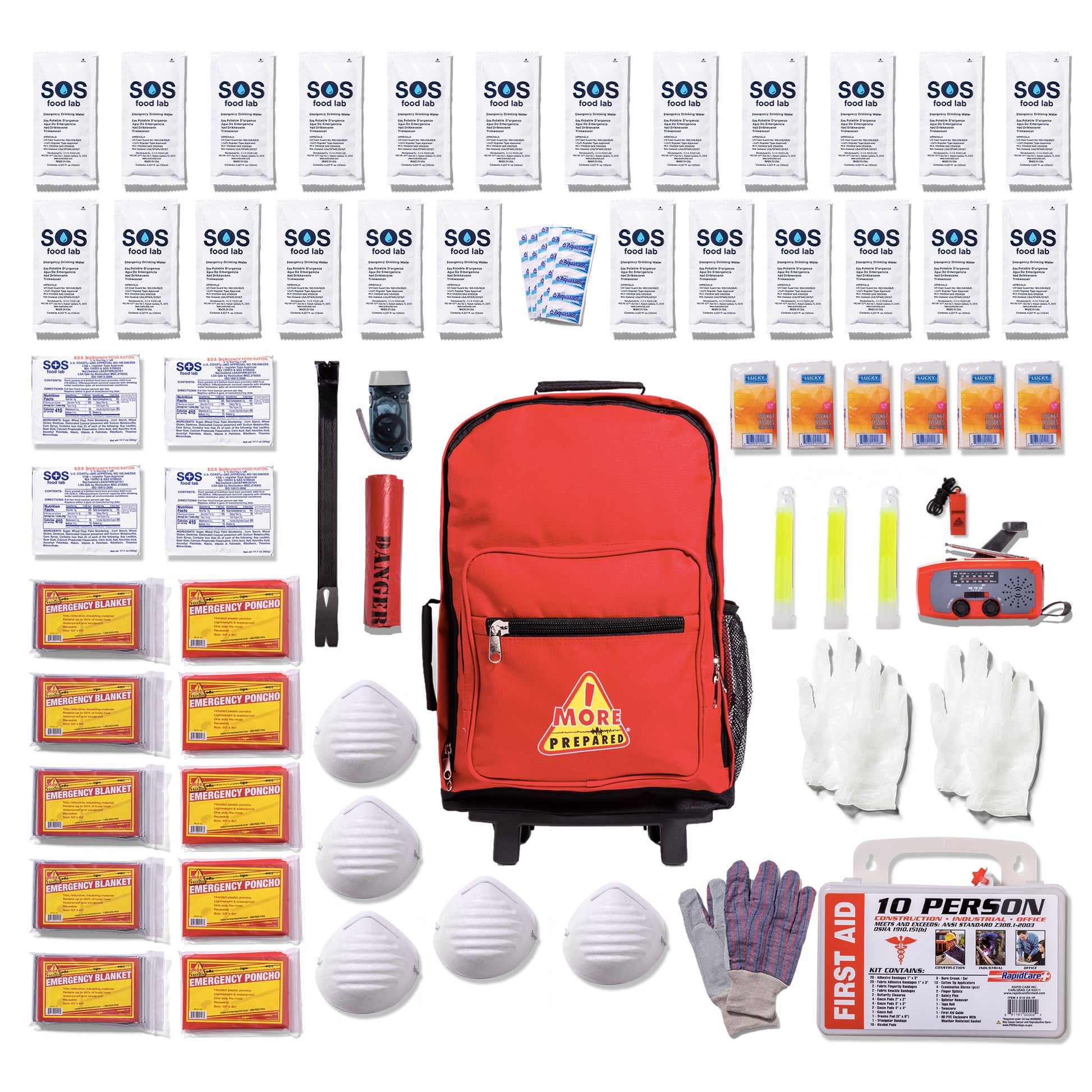 A comprehensive emergency preparedness and safety kit laid out on a white background, featuring a red rolling backpack with a yellow 'MORE  PREPARED' logo, along with first aid supplies, masks, gloves, flashlights, batteries, and multiple water packets.