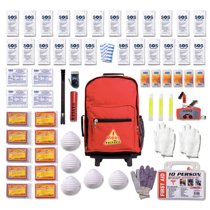 A comprehensive emergency preparedness and safety kit laid out on a white background, featuring a red rolling backpack with a yellow 'MORE  PREPARED' logo, along with first aid supplies, masks, gloves, flashlights, batteries, and multiple water packets.