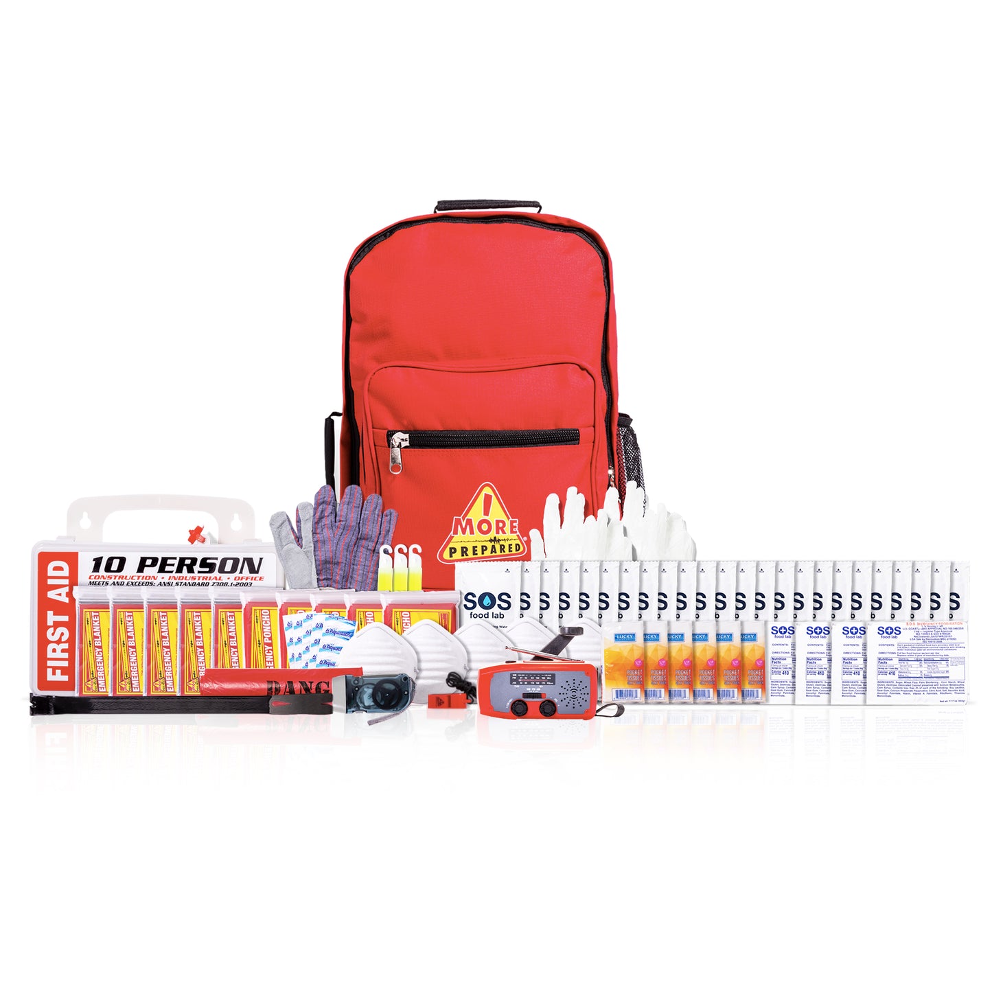 A red emergency preparedness backpack shown with its contents arranged in front on a white studio background. The kit includes a red backpack, a first aid box labeled 'FIRST AID 10 PERSON,' batteries, gloves, tourniquet, whistle, reflective tape, and multiple tubes of medication or supplies.
