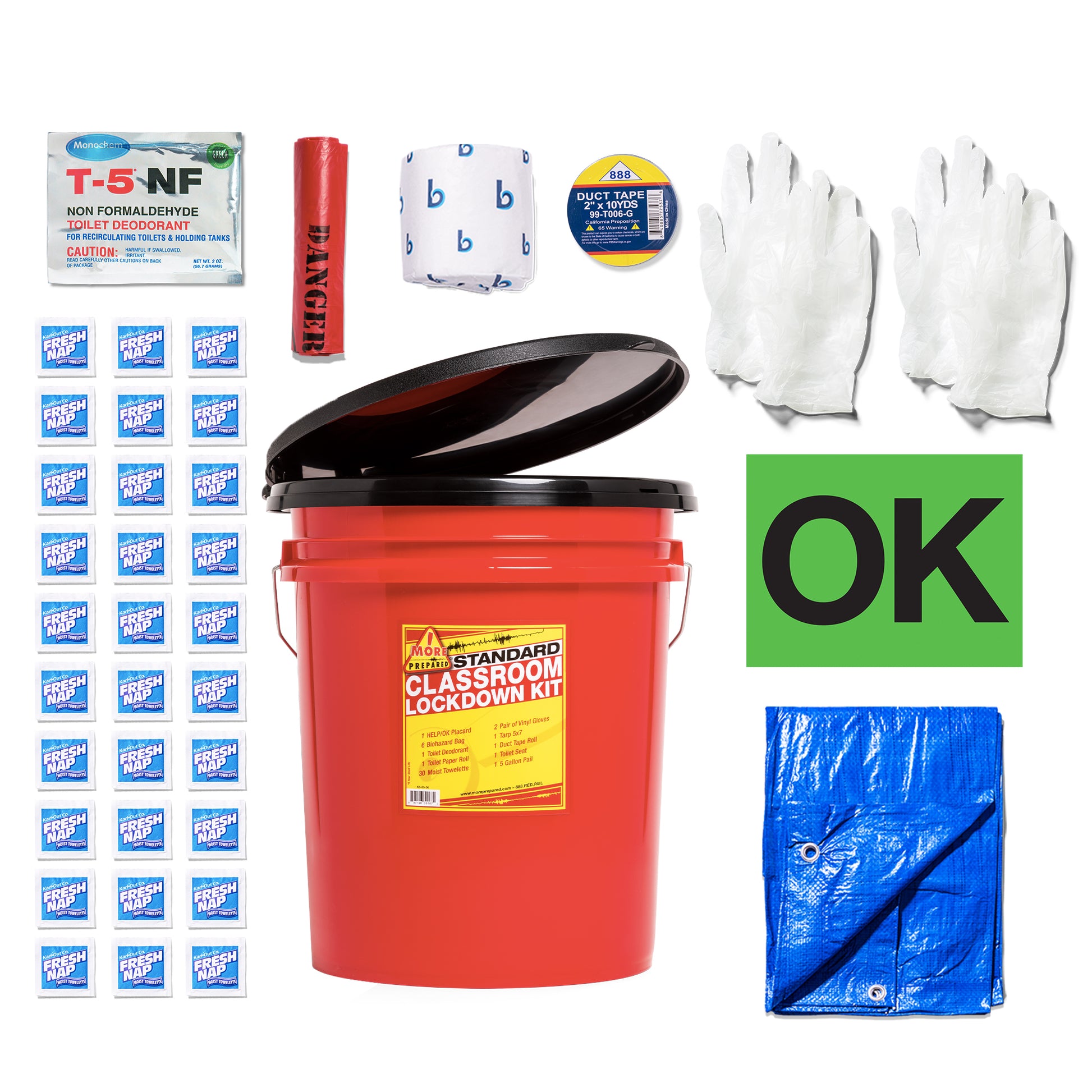 A classroom lockdown kit bundle featuring a red plastic bucket with a black lid, white gloves, a blue tarp, T-5 NF air freshener packets, a roll of bandages, a roll of tape, a canister of Danger brand spray, and an OK sign, all arranged on a white background.