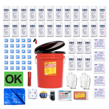 A classroom disaster response kit laid out on a white background, featuring a red bucket with a black lid, multiple white SOS instruction packets, blue and white protective gear, gloves, a fire extinguisher, and other emergency preparedness supplies.