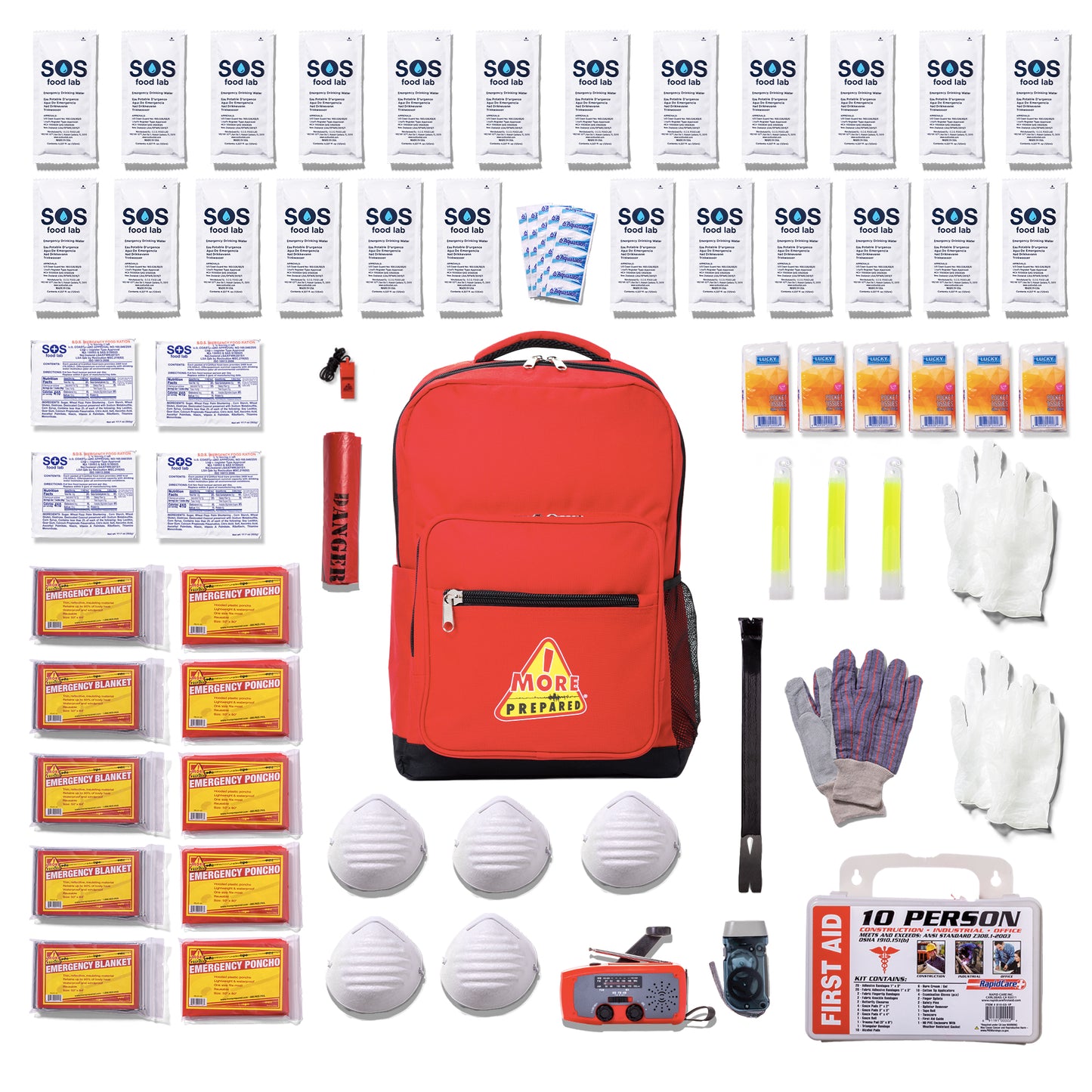 A comprehensive emergency preparedness kit arranged neatly on a white background, featuring a red backpack with a yellow warning label, first aid supplies, masks, gloves, reflective tape, a whistle, and numerous small sachets labeled SOS.